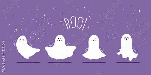 Set of cute Halloween ghosts on purple background with Boo text.