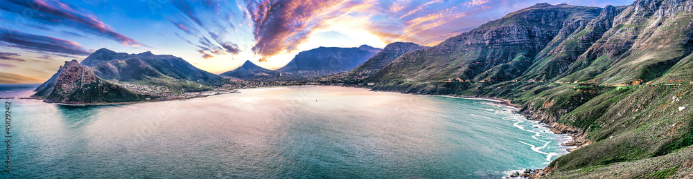 Scenic mountain landscape and sunset view along world famous coastline. Cape Town, South Africa is a wonderful travel destination for nature, adventure and tourism. - obrazy, fototapety, plakaty 