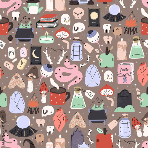 Cute illustrated halloween pattern. Seamleass repeated background.