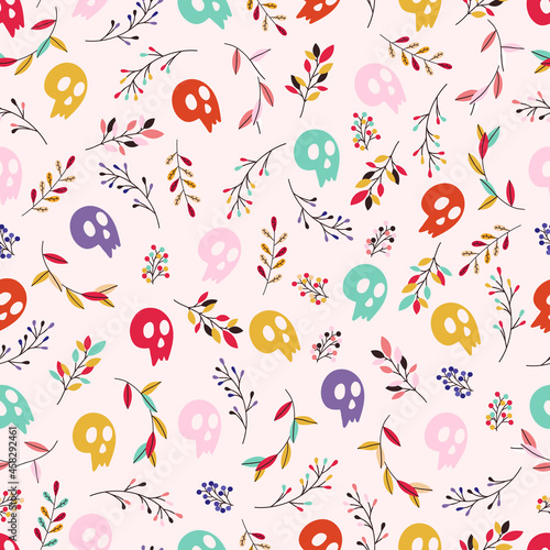 Seamless Halloween pattern with colorful sculls and leaves. 