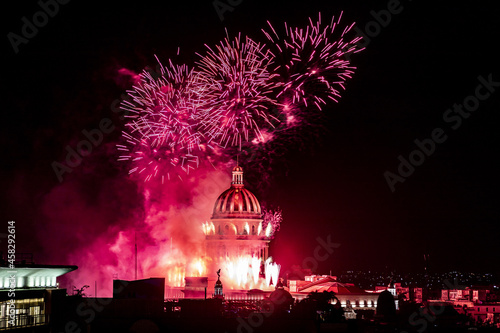 Photography Famous National Capitol Building during fireworks in Havana, Cuba
