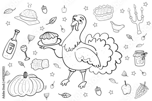 Large set of cute Turkey and pie, and Pastries, Fruits coloring page Holiday Thanksgiving Vector illustration
