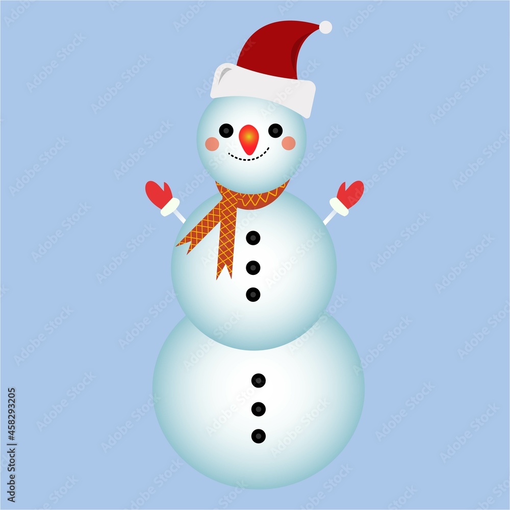 Christmas design with a snowman. Snowman vector design on a blue background. A winter snowman with neck muffler, gloves, winter hat, and buttons.