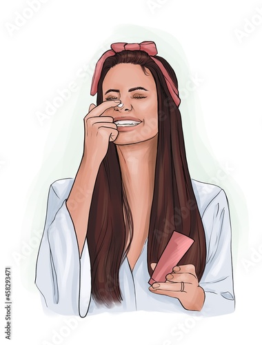 A young girl takes care of her skin of the face. Woman with dark long hair is smiling. Daily routine. Healthy lifestyle. Illustration