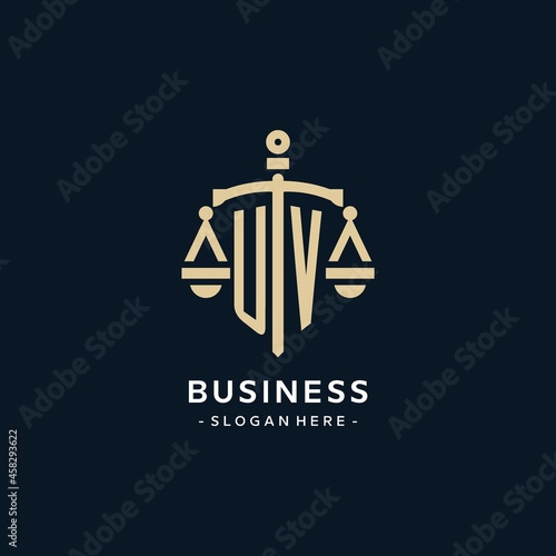 UV initial logo with scale of justice and shield icon
