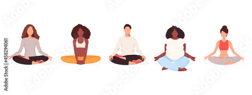 Group of people doing yoga together. Man and women sitting in lotus pose. Vector illustration isolated on white background