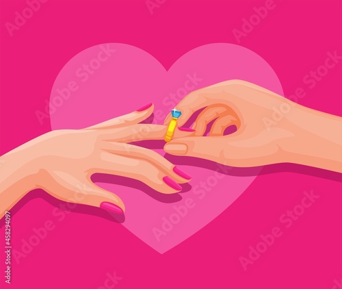 Couple hand putting wedding ring in bethrothal or wedding ceremony illustration vector