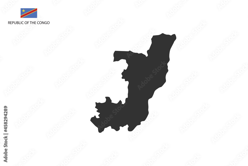 Republic of the Congo black shadow map vector on white background and country flag icon left corner.