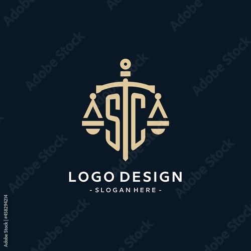 SC initial logo with scale of justice and shield icon