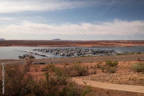 Marina at Lake Powell  Arizona  with House Boats. Low water level due to drought.