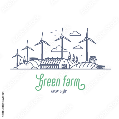 Green farm concept thin line vector illustration. Windmill energy as an alternative electricity resource. Outline style vector illustration on white background.