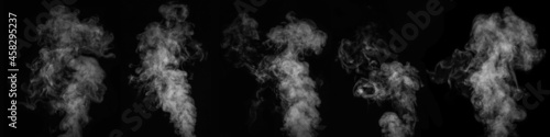 A set of five different white fumes, smoke on a black background to add to your pictures. A collection of vapors