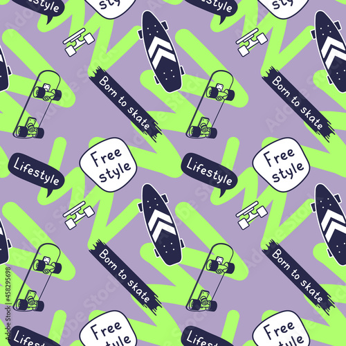 Vector Illustration of Cool Skate Board and Quote. Skateboarding Seamless Pattern with Skateboard. Flat Style Skate Graffiti Background