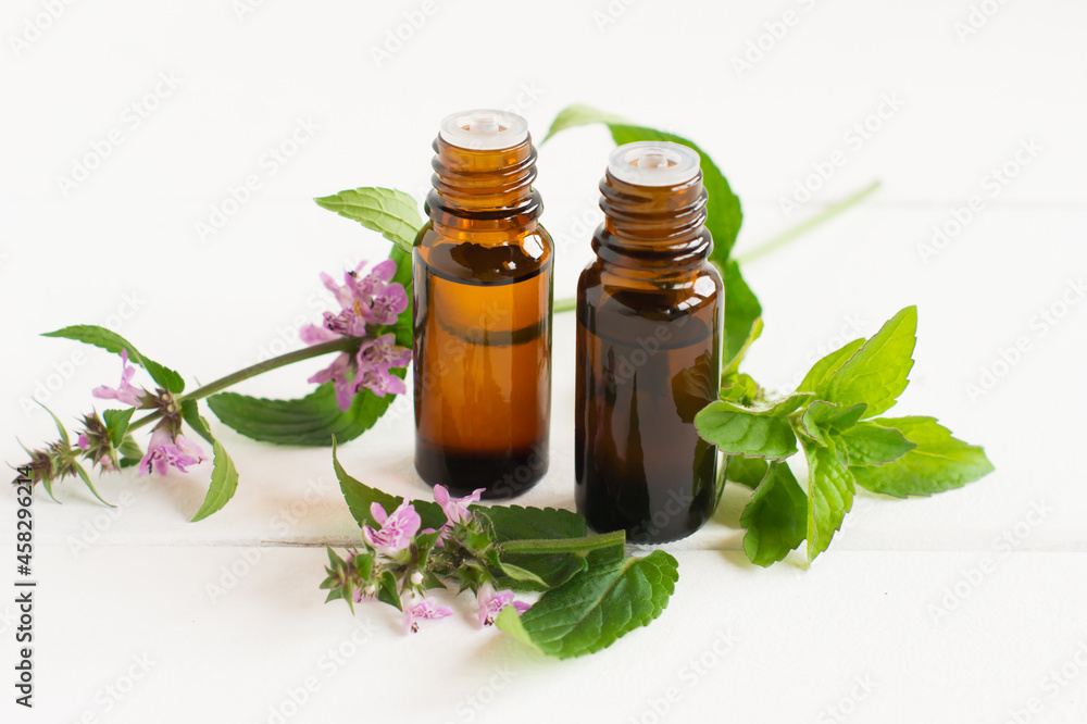 two medical bottles of droppers and fresh spies of peppermint with flowers on a white background. close angle. the concept of well-being. two medical bottles of droppers and fresh spies of peppermint with flowers on a white background. close angle. the concept of well-being.