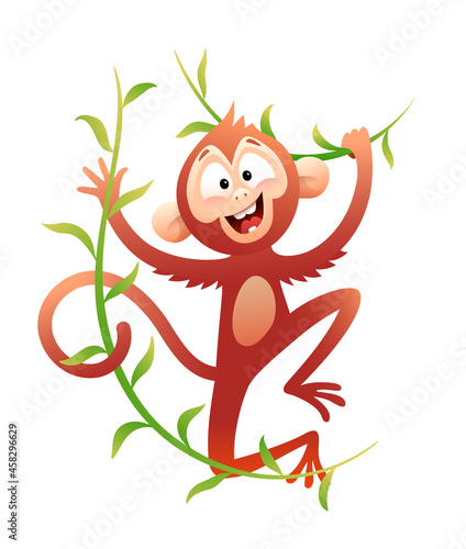 Swinging Monkey happy cartoon character illustration. Animal for kids with liana leaves in jungle, cute primate vector drawing.
