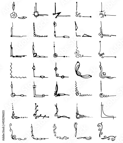 A collection of various doodle corners. Digital cliparts, sublimation.Stylish black and white, graphic drawing. For gift design, scrapbooking printing, digital scrapbooking, accessories, textiles.