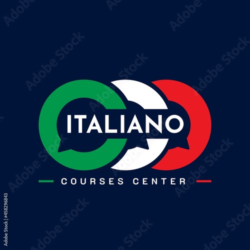 Learning Italian Language Class Logo. language exchange program, forum, speech bubble, and international communication sign. With Italy Flag