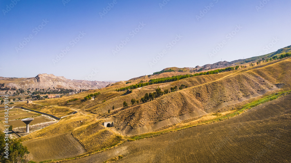 Sicilian Landscape with the Old Sulfur Mines Near Riesi and Sommatino, Province of Caltanissetta, Sicily, Italy, Europe