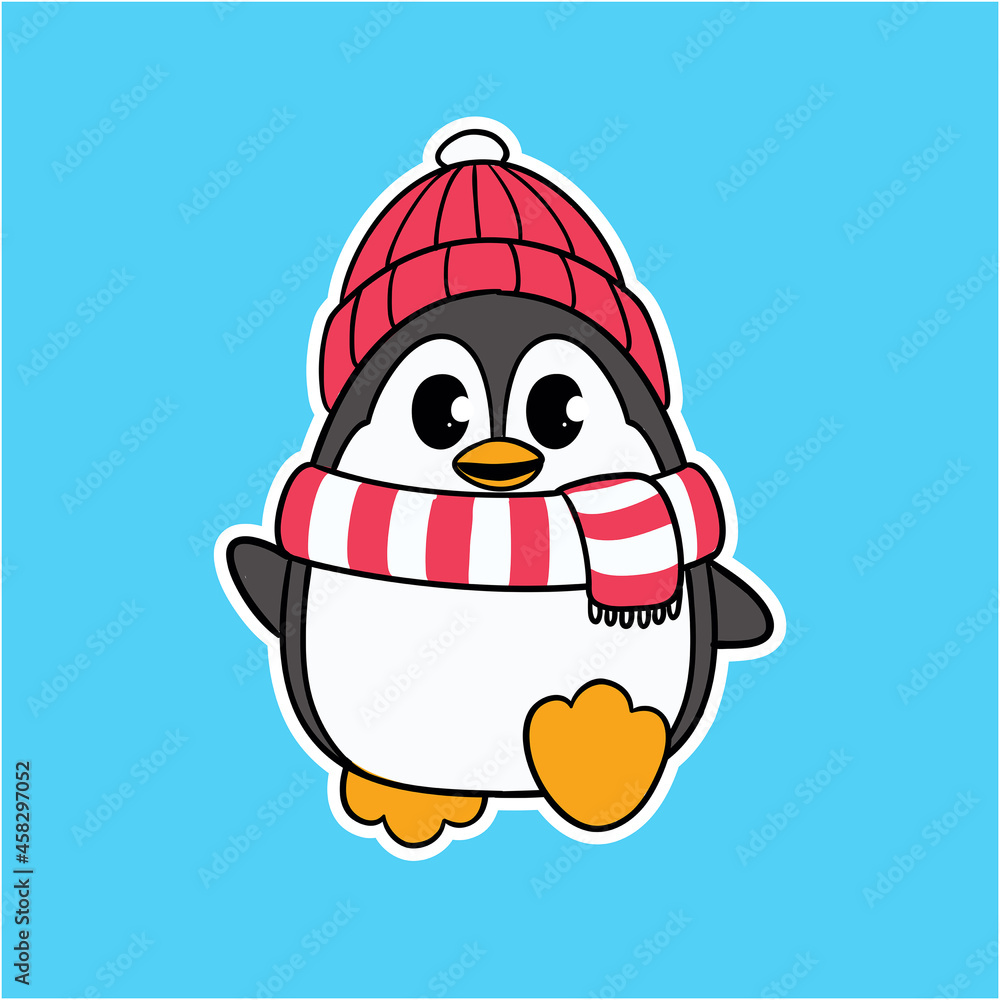 Cute Winter Penguin Wearing Scarf and Beanie Walking Happily Illustration