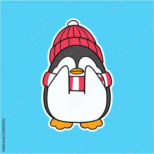 Cute Shy Winter Penguin Wearing Scarf and Beanie Covering Eyes Illustration