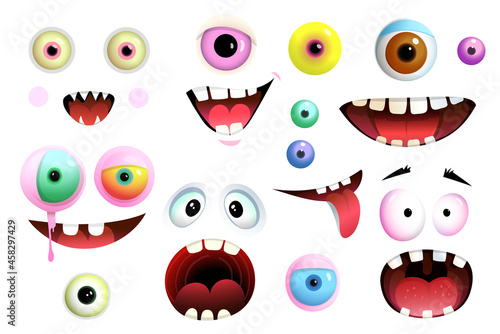 Cartoon cute eyes and mouth of monsters and creatures collection different shapes and colors. Isolated different monsters eyes and mouth stickers. Vector cartoon for kids.