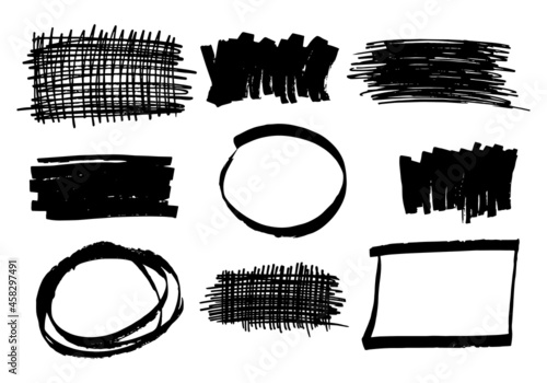 Set of hand drawn sketched square and round frames isolated on a white background. Collection of design elements, templates, frame for text, strokes drawn with a marker or a pen.
