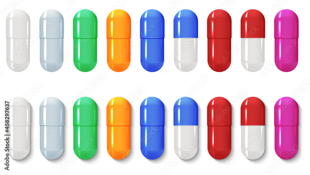 Set of realistic pills capsule isolated on white background. Tablets of different colors with and without shadow. Vector illustration.
Set of realistic pills capsule isolated on white background. Tablets of different colors with and without shadow. Vector illustration.