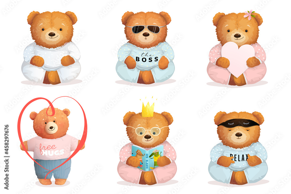 Cute Teddy Bears sleeping, reading, in love and meditating or sitting like a boss. Funny adorable vector graphics collection for kids design.