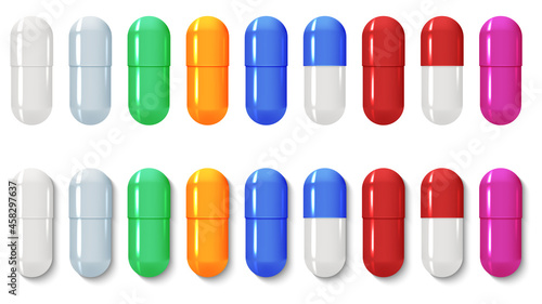 Set of realistic pills capsule isolated on white background. Tablets of different colors with and without shadow. Vector illustration.	
