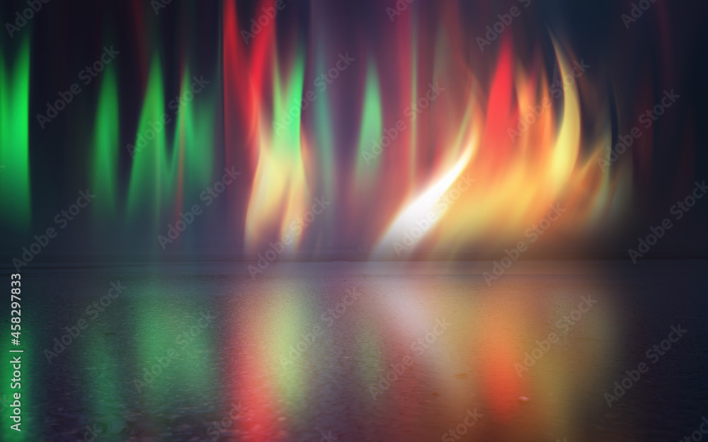 Dark abstract background. Glowing flames on a black background. Reflection on the texture of asphalt. Neon glow. Dark abstract background. Glowing flames on a black background. Reflection on the texture of asphalt. Neon glow.