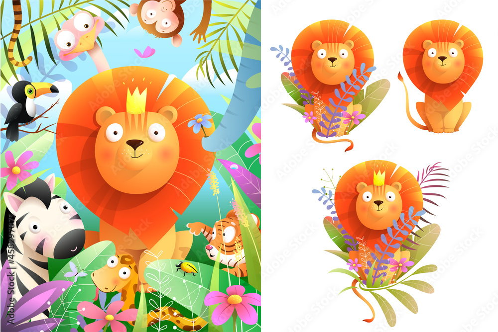 Naklejka premium African baby lion king in jungle nature watercolor style illustration for greeting card and clipart set for stickers. Kids little lion cartoon, animal character collection for kids, vector design.