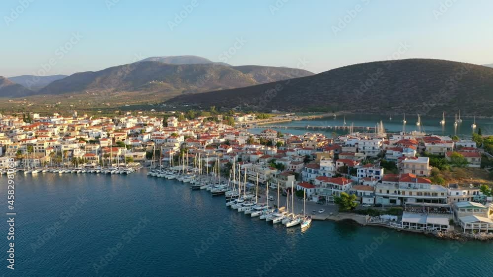 Aerial view of Ermioni old town and marina or seaport, Greece - drone videography Aerial view of Ermioni old town and marina or seaport, Greece - drone videography