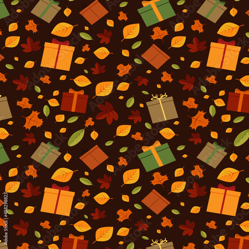 Autumn pattern with leaves and gifts on a brown background.