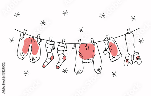 Christmas, New Year vector drawings in doodle style. Funny winter banner with Santa clothes. Hand draw. Isolated background. Vector illustration.