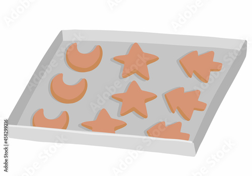 Homemade cookies on baking sheet, sweet bakery. Colored cartoon doodle. Hand drawn vector illustration. Single drawing isolated on white. Element for design, print, sticker, card, decoration, wrap.