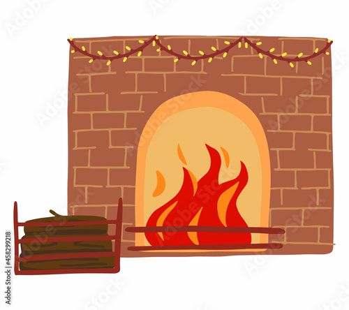 Fireplace, burning fire, garland, firewood. Colored cartoon doodle of cozy aesthetic. Hand drawn vector illustration. Drawing isolated on white. Element for design, print, sticker, card, decor, wrap.