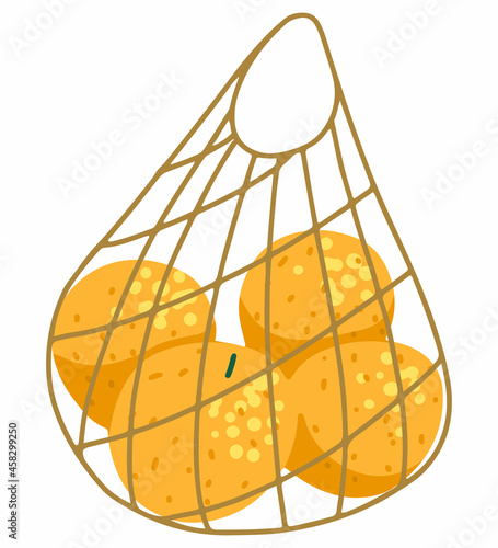 Tangerines or oranges in eco net bag. Hand drawn vector illustration. Colored cartoon doodle. Single drawing isolated on white background. Element for design, print, sticker, card, decoration, wrap.