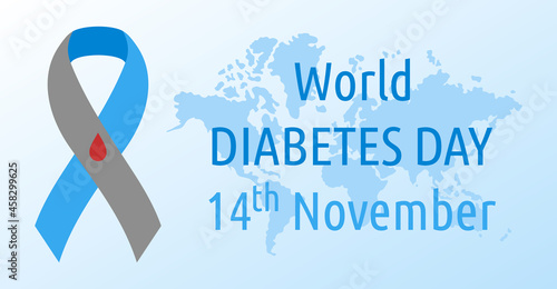 World Diabetes day. Vector poster. Symbol diabetes awareness ribbon with blood drop and world map. November 14