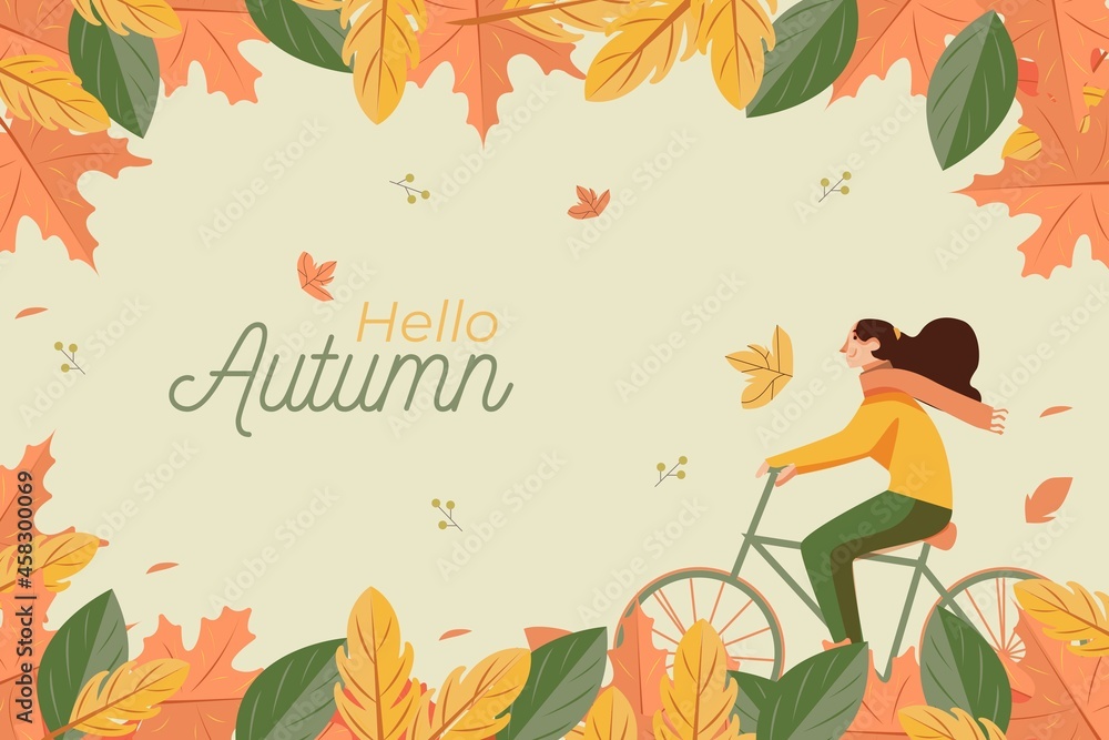 flat  autumn background with woman bicycle vector design illustration