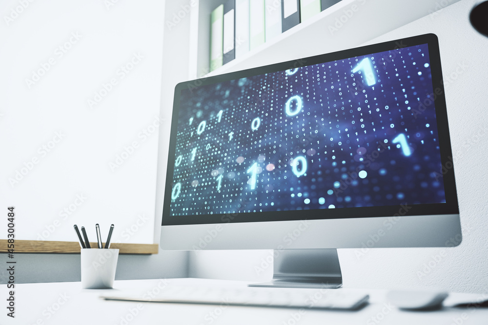 Modern computer monitor with creative abstract binary code hologram. Database and programming concept. 3D Rendering Modern computer monitor with creative abstract binary code hologram. Database and programming concept. 3D Rendering