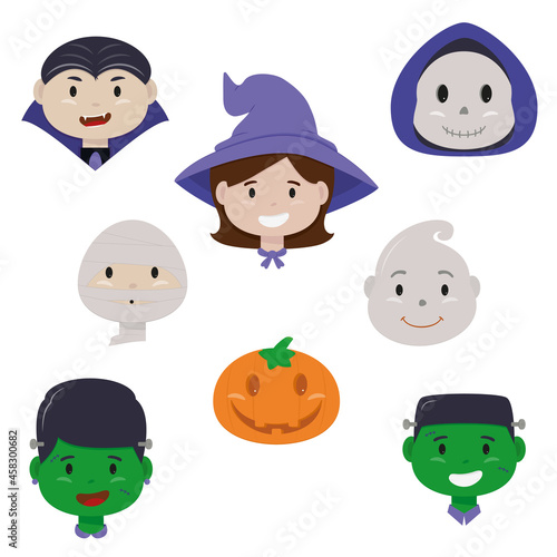 Halloween cute avatar set - vampire, witch, skull, mummy, ghost, pumpkin and frankenstein - vector illustration