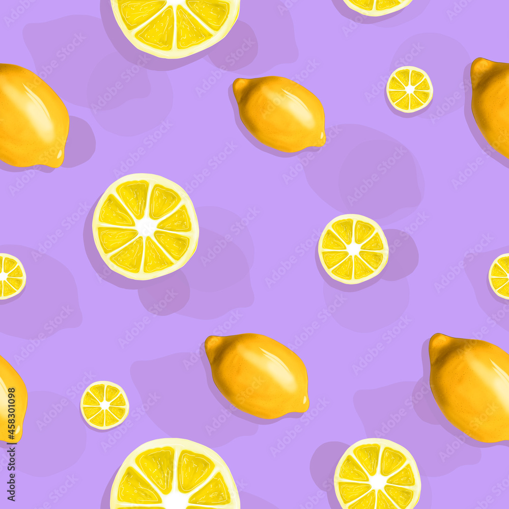 Trendy sunlight pattern made with yellow lemon on bright light purple background. Plasticine 3D illustration. seamless pattern for print