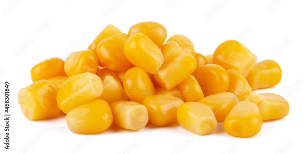 Close up of pile of boiled sweet corn seeds isolated on white background