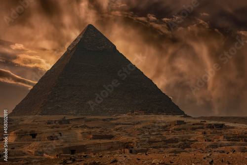 Pyramid of Khafre on the Egyptian plateau of Giza against the backdrop of a picturesque sky