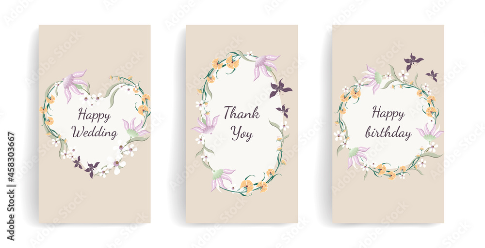 Vector romantic template for social media posts, stories, banners, mobile apps,  internet ads. Stylish Background with wildflowers and butterflies. Ornament for greeting card, cover or invitation