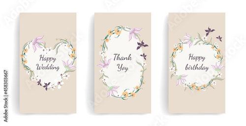 Vector romantic template for social media posts, stories, banners, mobile apps, internet ads. Stylish Background with wildflowers and butterflies. Ornament for greeting card, cover or invitation