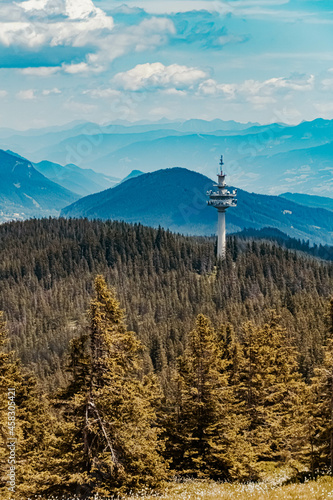 Beautiful alpine summer view with a TV transmission tower at the famous Rossbrand summit near Filzmoos, Salzburg, Austria