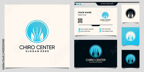 Chiropractic center logo with negative space circle concept and business card design Premium Vector