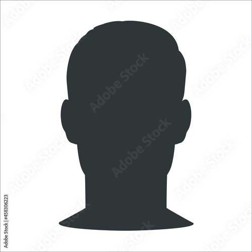 Vector man face. Young handsome male with trendy hairdo has serious expression. Front portrait. Black line realistic vintage illustration.