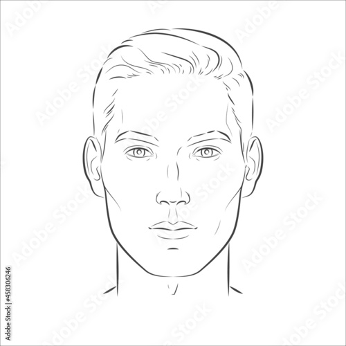 Set of man face portrait three different angles and turns of a male head. Close-up vector line sketch. Different view front, profile, three-quarter of a boy.